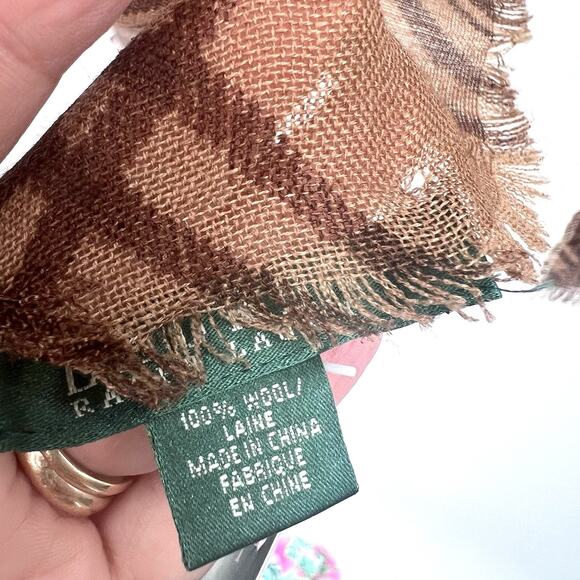 Vintage Lauren Ralph Lauren Brown Plaid Wool Scarf Rhinestone Crest - Picture 6 of 8